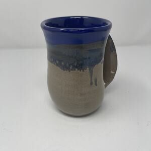 Neher Pottery Hand Warmer Coffee Mug Royal Blue Drip Glaze 12 Oz Signed 2020